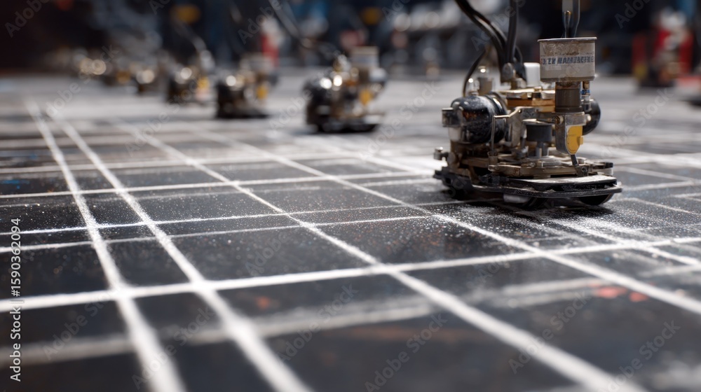 Poster automated machines are drawing grid lines with chalk dust on a factory floor, showcasing the precisi