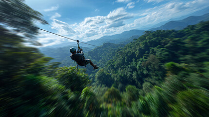 Person ziplining high above lush forest canopy with motion blur, evoking adventure and excitement