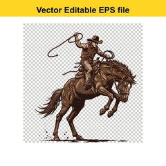 Cowboy riding a horse with a lasso isolated on white