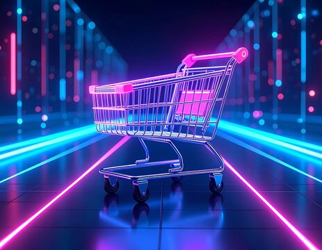 Neon shopping cart in a digital aisle