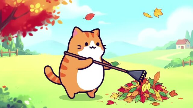 Animated Cat Raking Colorful Autumn Leaves in a Whimsical Landscape