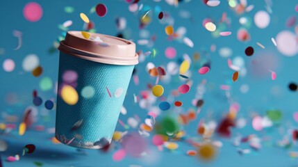 A closeup view capturing microplastic confetti in playful motion around a singleuse coffee cup illustrating the stark contrast between convenience and ecological responsibility. The