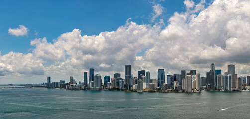 Aerial view of Brickell skyline. Panoramic cityscape of Brickell Miami. Skyscrapers of Brickell....