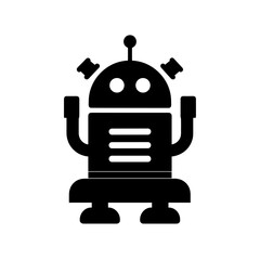 Fototapeta premium Flat vector illustration of a cute black robot icon with antenna and arms up. 