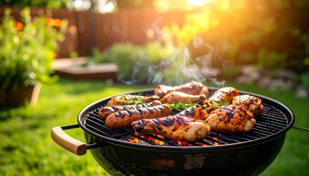 Grilled chicken and sausages on a backyard barbecue