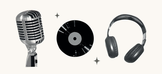 Vintage retro music halftone set. Karaoke collage collection with vinyl, headphones, microphone. Grunge equipment, modern disco elements for sing poster, podcast. Trendy isolated vector illustration.