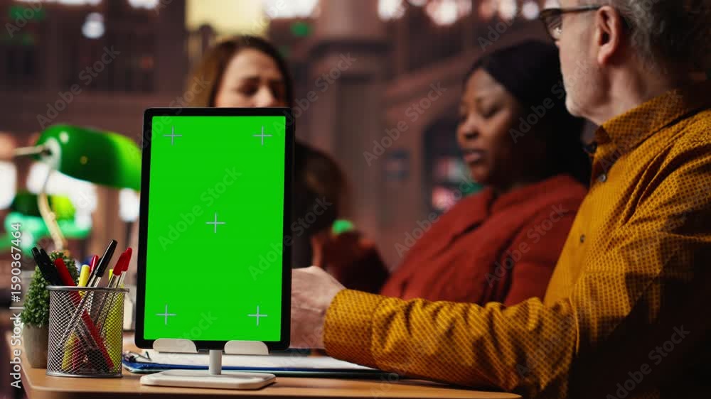 Aufkleber mature colleagues team review paperwork next to chroma key mockup, using multiple academic sources a