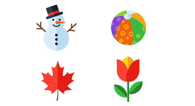 Illustration showing a snowman, beach ball, maple leaf, and a tulip flower
