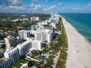 Top view of South Miami. Florida famous coastline. Miami skyline with skyscrapers. Aerial view of...
