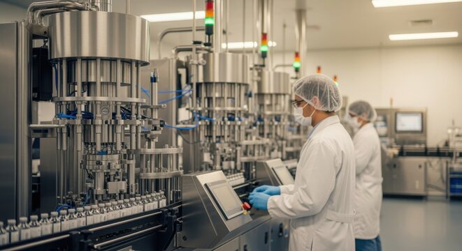 Two pharmaceutical factory workers wearing lab coats, hairnets, face masks, and gloves are operating a bottling machine producing medication or vaccine vials