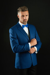 Elegant tuxedo bowtie. Rich businessman on formal event. Man in rich blue bespoke tux. Tuxedo man...