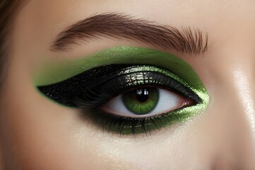 Naklejka premium Green eyes woman, black makeup eye shadow macro