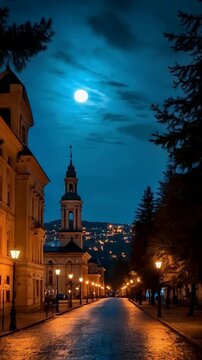 Historic City Street at Night with Full Moon and Illuminated Church
