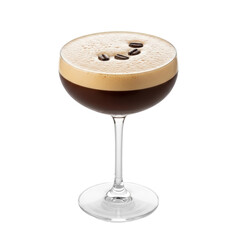 An elegant espresso martini cocktail, garnished with coffee beans, served in a classic coupe glass. Perfect for menus, advertisements, or beverage promotions.