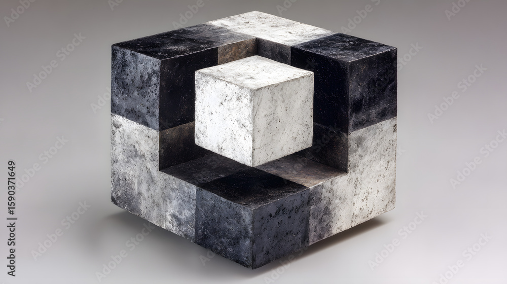 Poster cube made of black and white blocks, with a white square on top of it. the cube is positioned in a w