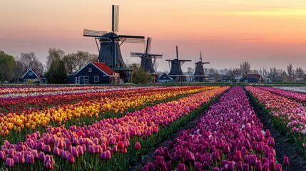 Colorful tulip fields meet traditional Dutch windmills at sunrise