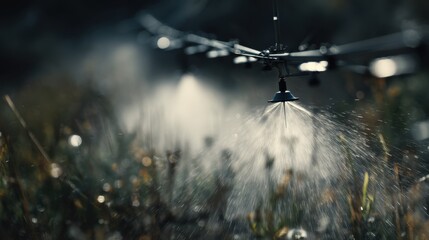 Automated irrigation system spraying a fine mist of water over crops, enhancing growth and ensuring efficient water usage in agricultural practices