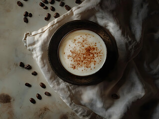 A cup of coffee with cinnamon and beans on a cloth