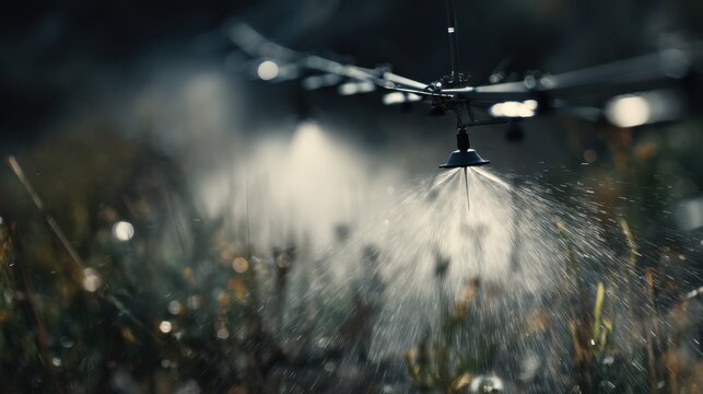 Automated irrigation system spraying a fine mist of water over crops, enhancing growth and ensuring efficient water usage in agricultural practices