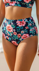 A close-up of a woman's mid-section and legs in a high-waisted bikini with a floral print, with subtly tanned skin and a few water droplets. The focus is on the details of the bikini fabric and skin t