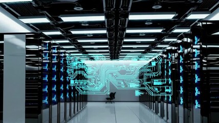 Futuristic data center with advanced servers and dynamic neon displays in operation - Powered by Adobe
