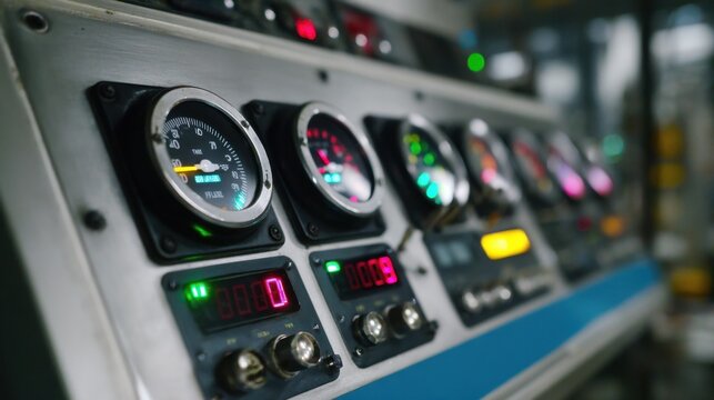 Closeup on a control panel showcasing various dials, gauges, and digital displays, indicating real time monitoring of plasma parameters in an industrial or scientific setting