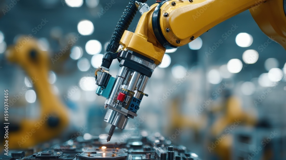 Poster robotic arm equipped with a welder is performing precise movements and placement capabilities in a m