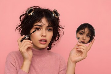 Makeup mascara woman with hair rollers getting ready looking in pocket mirror.