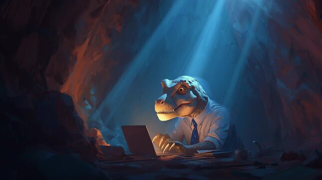 Prehistoric Creature in Modern Office Cave, Dinosaur working in office cave, dinosaur office worker in cave, dinosaur at computer cave office