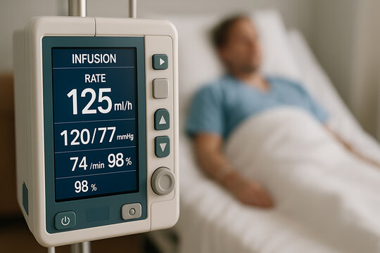 Close-up of an infusion pump displaying fluid rate and vital signs in a hospital room, with a patient resting in the background. - Powered by Adobe