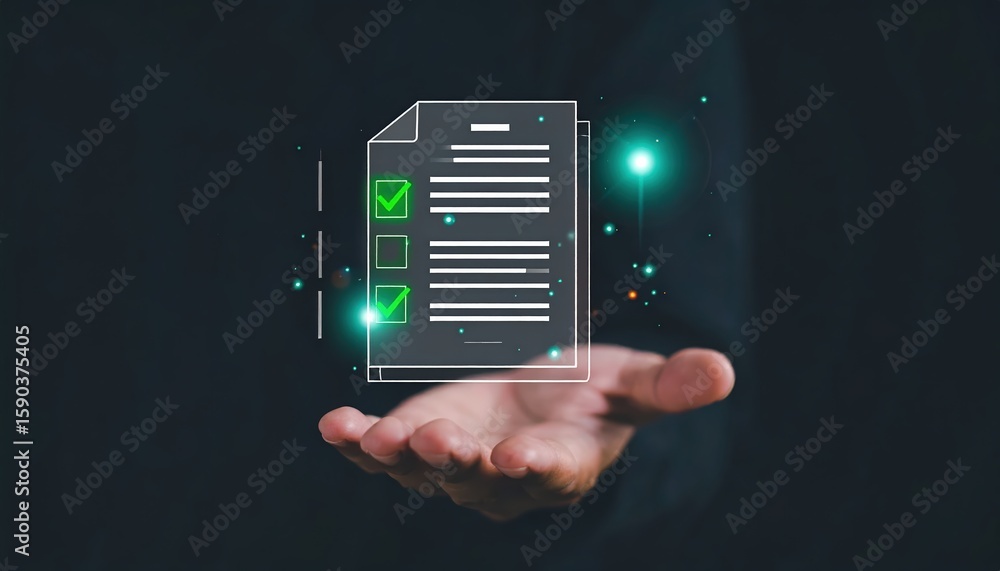 Poster digital checklist and document verification floating above hand with glowing checkmarks and futurist