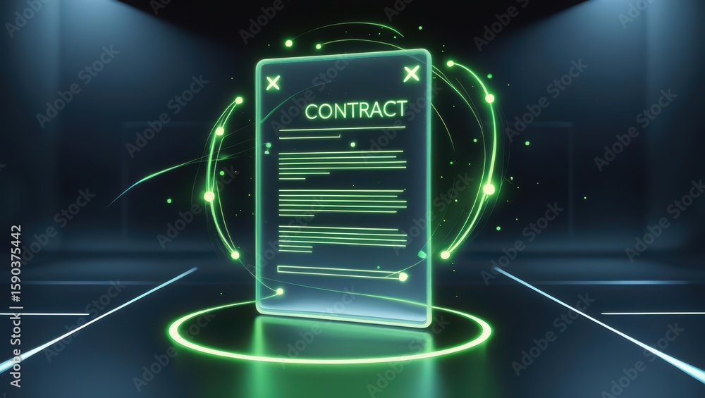 Poster digital contract document displayed on a futuristic smartphone screen surrounded by glowing green li