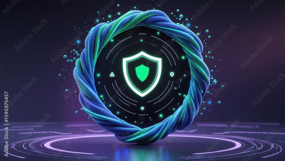 Poster digital security shield surrounded by a glowing twisted rope in a futuristic glowing environment rep