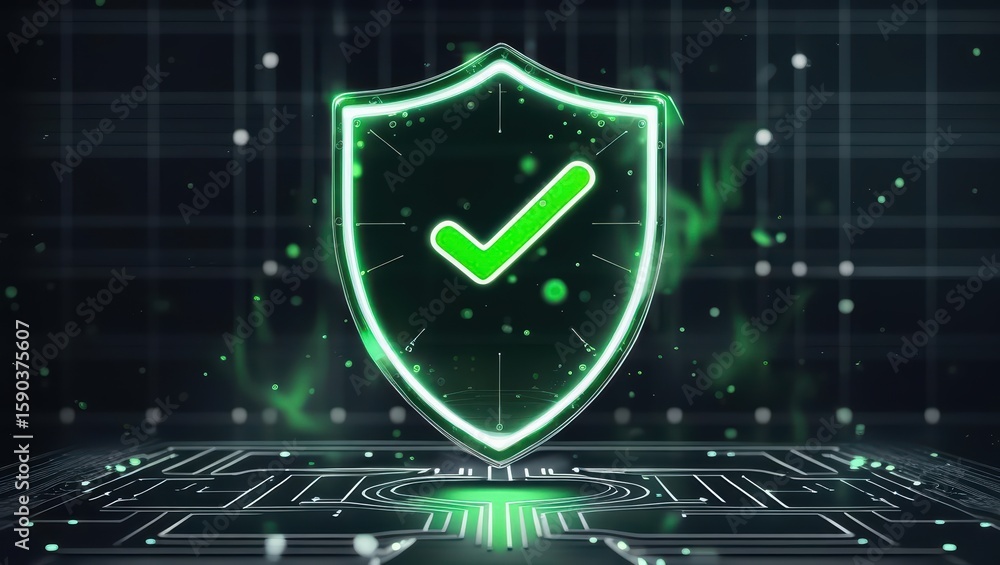 Poster digital security shield with checkmark on futuristic cyber background representing data protection a