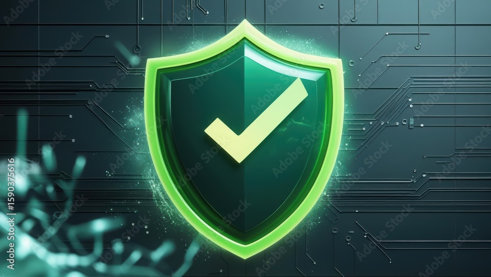 Poster digital security shield with checkmark symbol in futuristic technology style for data protection and