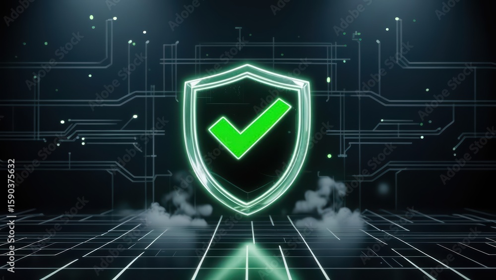 Poster futuristic digital security shield with glowing checkmark symbol in a high-tech cyber environment re