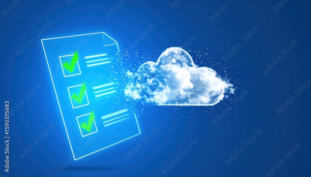 Poster digital cloud computing concept with verified checklist document and floating cloud icon on blue bac