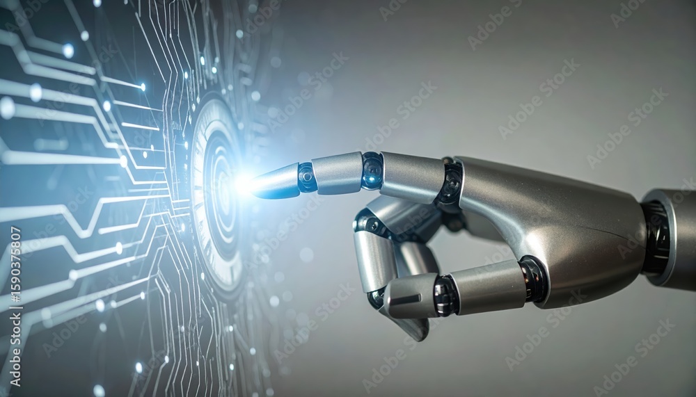 Poster highly detailed close-up of a robotic hand with metallic finish interacting with digital interface d