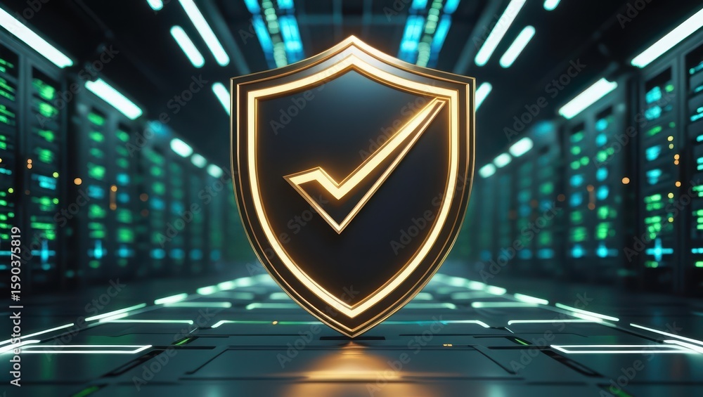 Poster futuristic digital cybersecurity shield with check mark symbol in a high tech data center with glowi
