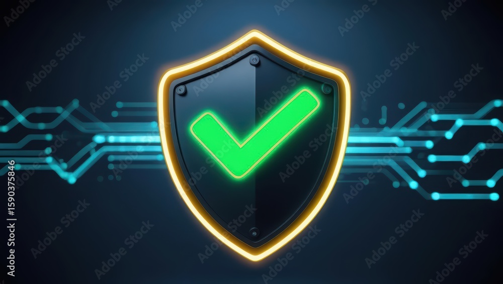 Poster digital shield with glowing checkmark symbol representing cybersecurity protection, online safety, a