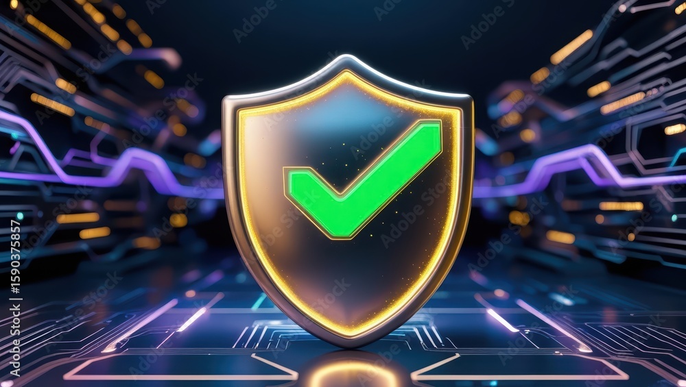 Poster futuristic digital security shield with green check mark in a neon-lit technological environment rep