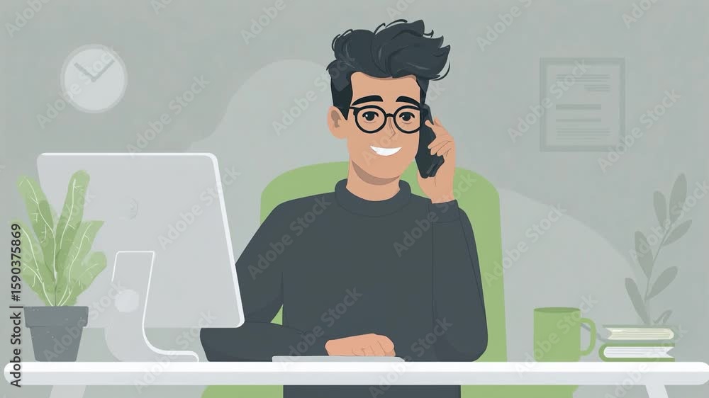 Poster young man engages in a friendly conversation while working at a desk with plants and a computer in a