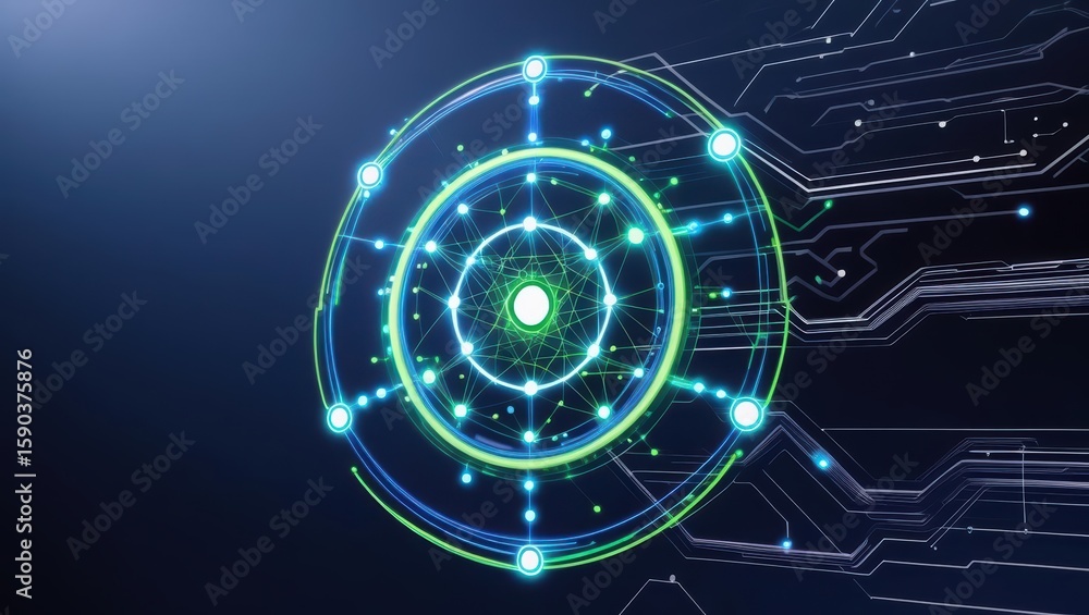 Poster futuristic digital interface with glowing concentric circles and interconnected lines representing a