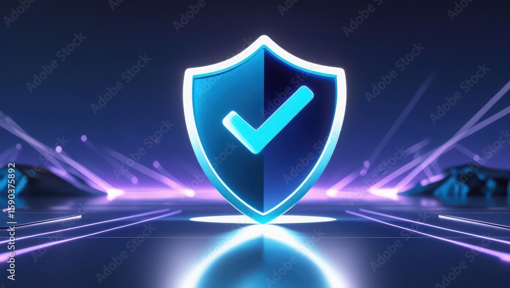 Poster digital shield with checkmark symbol representing cybersecurity trust protection and online security