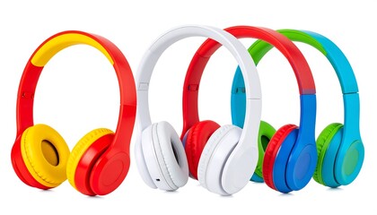 Colorful headphones in a row against white background