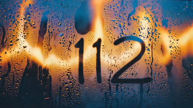 Emergency Number 112 on Foggy Glass Wall with Blurred Flames Behind

