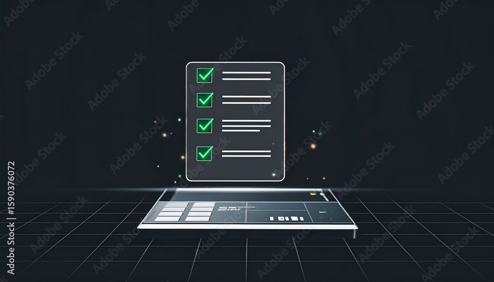 Poster futuristic digital tablet with checklists and data interface on a glowing grid surface in a high tec