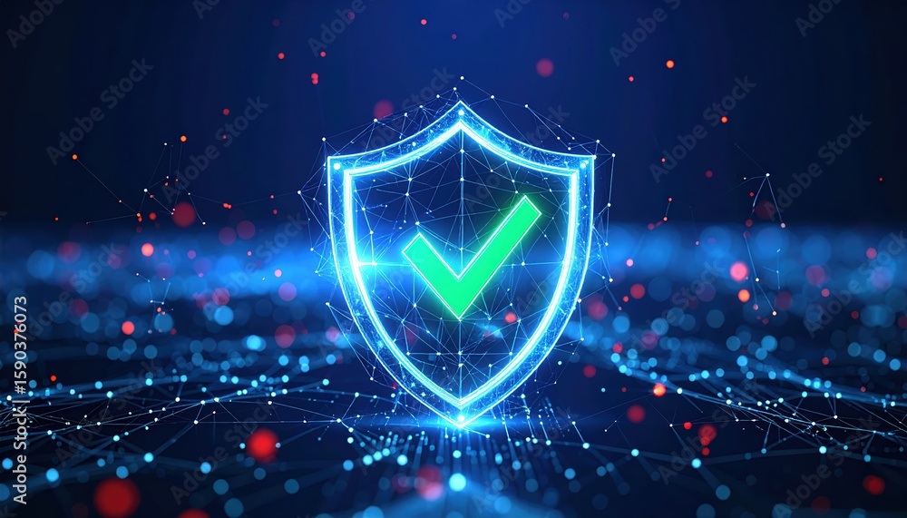 Poster digital security shield with checkmark icon representing data protection cybersecurity and safe onli