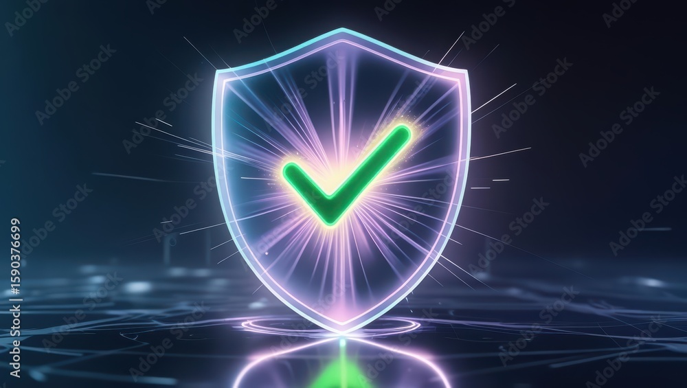 Poster futuristic glowing shield with check mark symbol representing security protection safety and digital