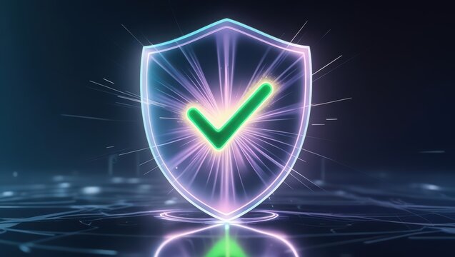 Futuristic glowing shield with check mark symbol representing security protection safety and digital security concept in neon style